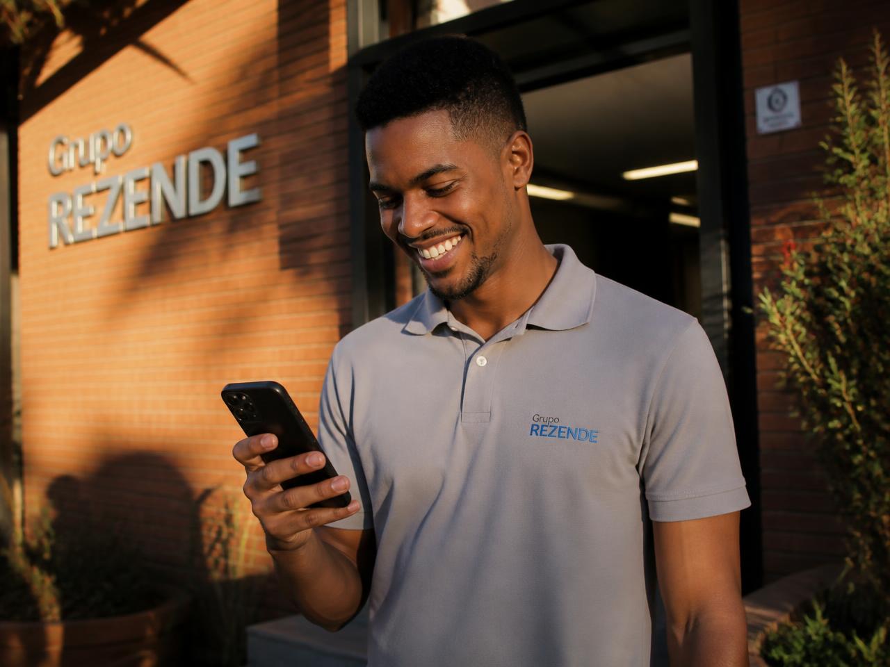 Trabalhador jovem sorrindo enquanto usa o celular