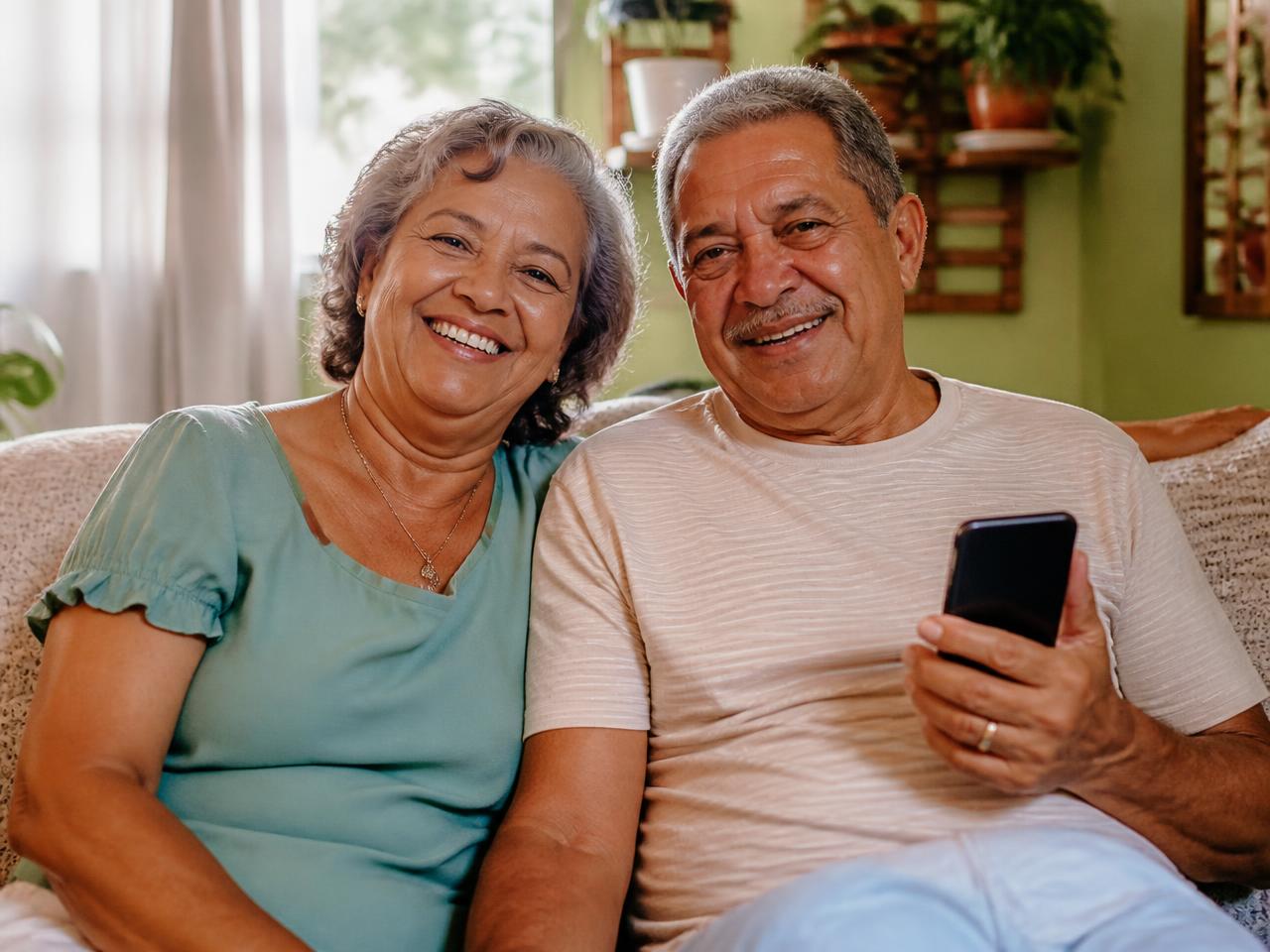 Casal de aposentados sorrindo em casa, com celular na mão