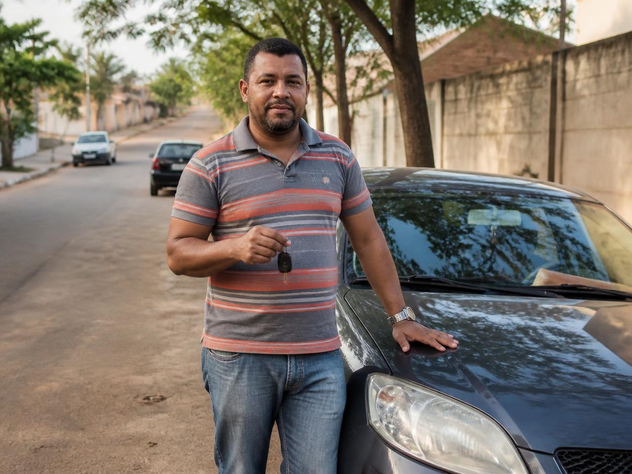 Homem tranquilo ao lado do próprio carro, com a chave na mão