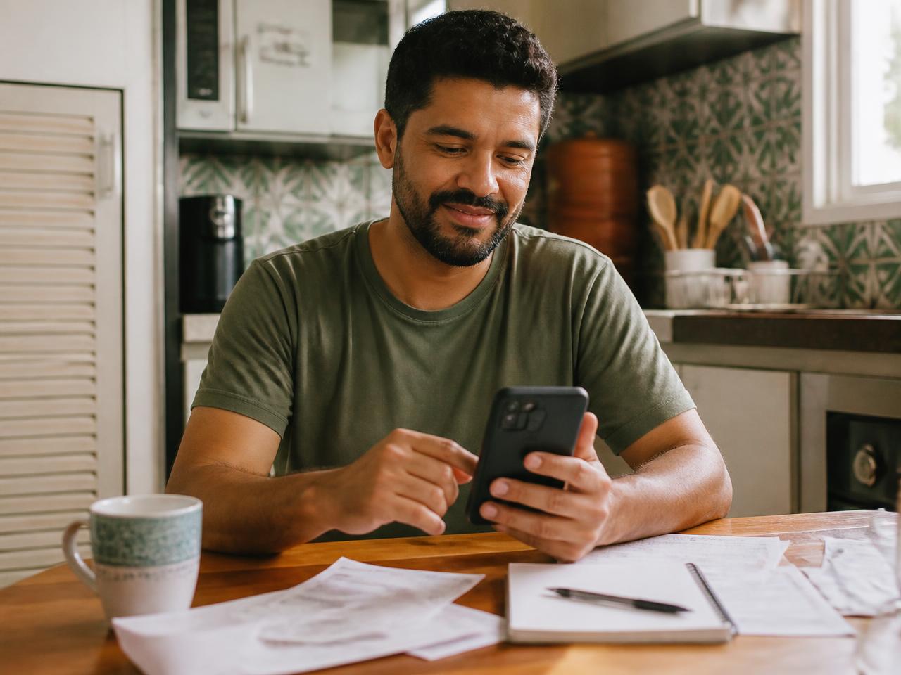 Homem conferindo o celular satisfeito com a parcela menor