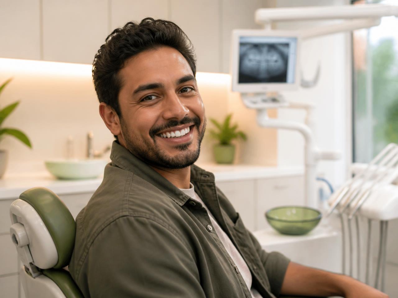 Pessoa sorrindo com os dentes à mostra em um consultório odontológico